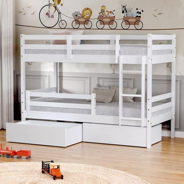 Beliche Infantil Eco Com 02 Gavetas E Grade De Proteção Madeira Maciça Branco Mobilistore