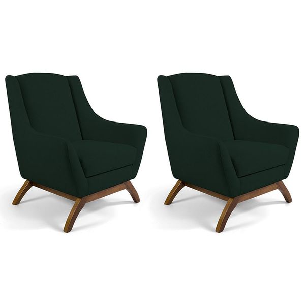 Kit 02 Poltronas Decorativa Fixa Base de Madeira Juliet D02 Linho Verde C-117 - Lyam Decor