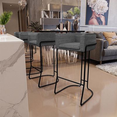 Kit 02 Banquetas Decorativas Fixa Base de Aço Preto Betina D02 Linho Cinza C-416- Lyam Decor
