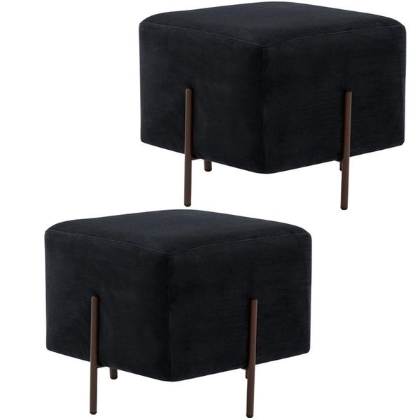 Kit 02 Puff Quadrado Decorativo Status 45x45 D02 Pés de Aço Veludo Preto C-300 - Lyam Decor
