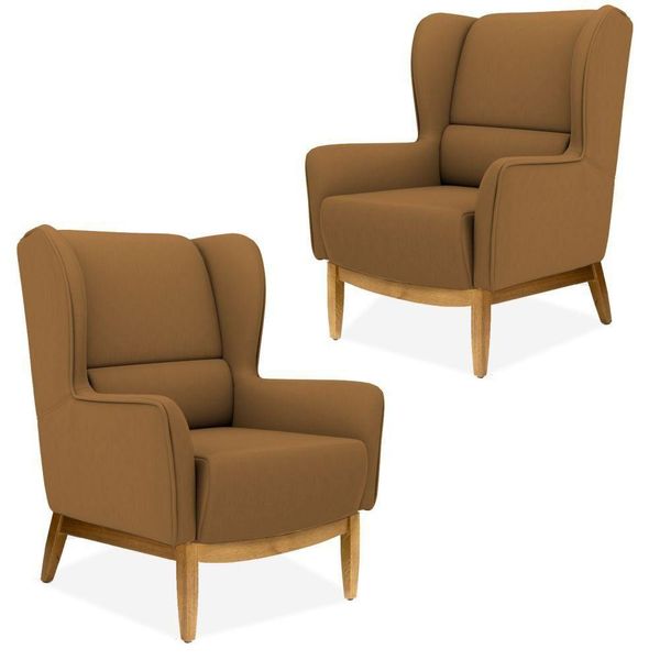 Kit 02 Poltronas Decorativas Para Sala de Estar Milena D02 Base de Madeira Corano Camel Cipatex C-02 - Lyam Decor