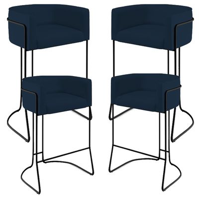 Kit 04 Banquetas Decorativas Fixa Base de Aço Preto Betina D02 Veludo Azul Oxford C-304 - Lyam Decor
