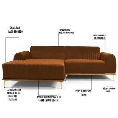 Sofá 6 Lugares com Chaise Esquerdo Para Sala Molino 350cm D02 Veludo Telha C-262 - Lyam Decor