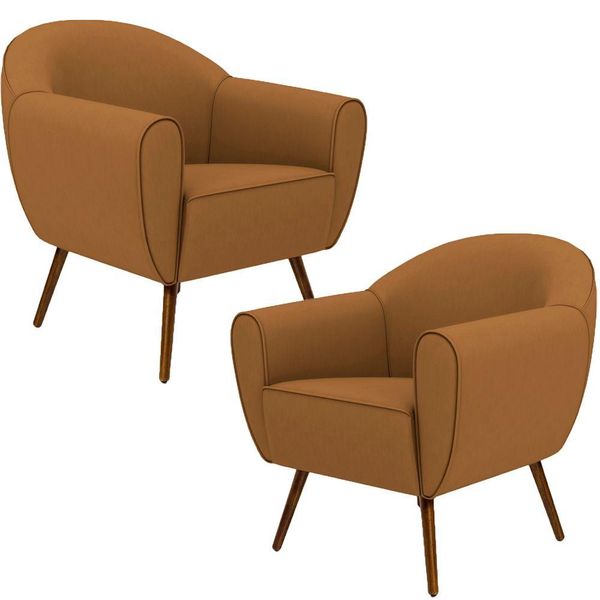 Kit 02 Poltronas Decorativas com Pés Palito Nina D02 Corano Cipatex Camel C-02 - Lyam Decor