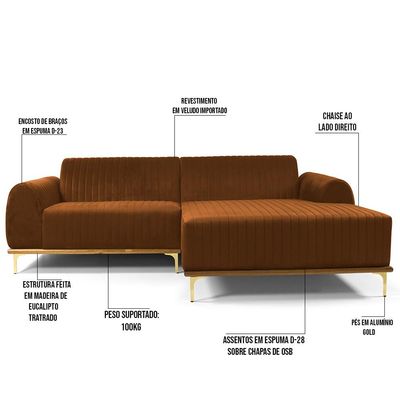 Sofá 5 Lugares com Chaise Direito Para Sala Molino 320 cm D02 Veludo Telha C-262 - Lyam Decor