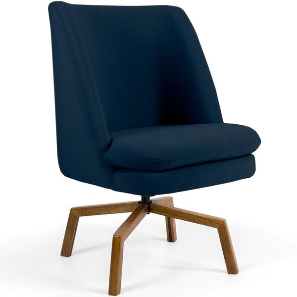 Poltrona Decorativa Giratória Base Ka Castanho Pérsia D02 Veludo Azul Oxford C-304 - Lyam Decor