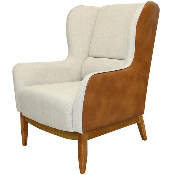 Poltrona Decorativa Fixa Base de Madeira Milena D02 Linho Bege A-184 Corano Marrom - Lyam Decor Poltrona Decorativa Fixa Base de Madeira Milena D02 Linho Bege A-184 Corano Marrom - Lyam Decor