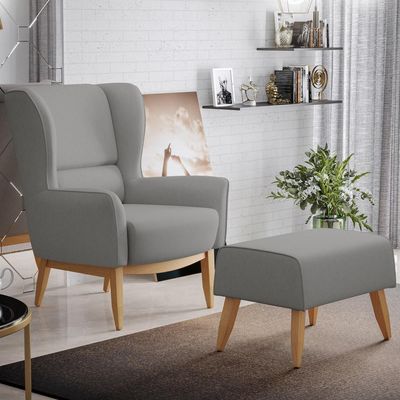 Poltrona Decorativa Fixa Base de Madeira Milena D02 Linho Cinza Escuro C-416 - Lyam Decor