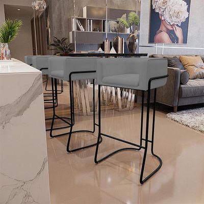 Kit 02 Banquetas Decorativas Fixa Base de Aço Preto Betina D02 Veludo Cinza C-317 - Lyam Decor