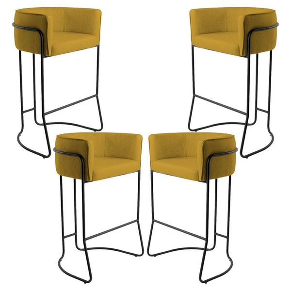 Kit 04 Banquetas Decorativas Fixa Base de Aço Preto Betina D02 Veludo Mostarda C-279 - Lyam Decor