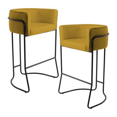 Kit 02 Banquetas Decorativas Fixa Base de Aço Preto Betina D02 Veludo Mostarda C-279 - Lyam Decor