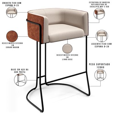 Kit 02 Banquetas Base de Aço Preto Betina D02 Linho Bege C-107 Corano Marrom B-38 - Lyam Decor