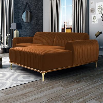 Sofá 5 Lugares com Chaise Direito Para Sala Molino 300 cm D02 Veludo Telha C-262 - Lyam Decor
