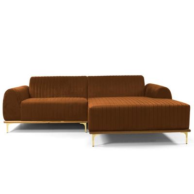 Sofá 5 Lugares com Chaise Direito Para Sala Molino 300 cm D02 Veludo Telha C-262 - Lyam Decor