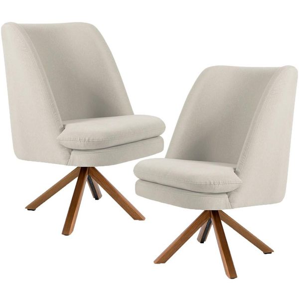 Kit 02 Poltronas Decorativa Base Giratória de Madeira Pérsia D02 Linho Bege C-107 - Lyam Decor