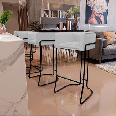 Kit 02 Banquetas Decorativas Fixa Base de Aço Preto Betina D02 Linho Cinza D-315 - Lyam Decor