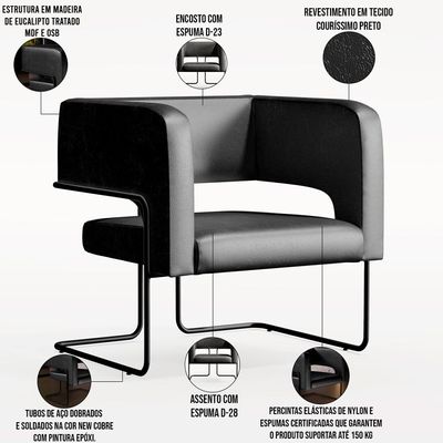 Poltrona Decorativa Scarlett D02 Base de Aço Preto Couríssimo Preto B-159 - Lyam Decor