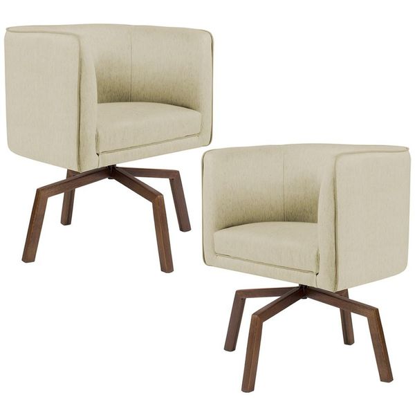Kit 02 Poltronas Decorativas Giratória Base Ka Betina D02 Linho Bege C-129- Lyam Decor