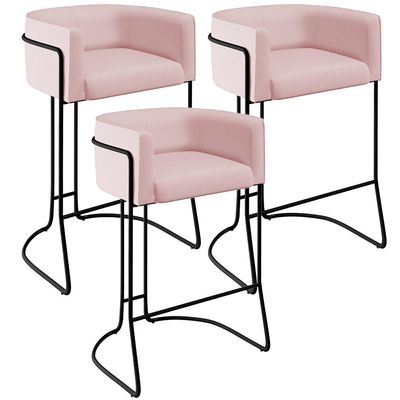 Kit 03 Banquetas Decorativas Fixa Base de Aço Preto Betina D02 Veludo Rosê C-305 - Lyam Decor