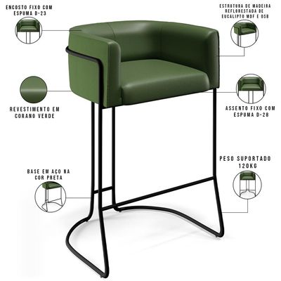 Kit 02 Banquetas Decorativas Fixa Base de Aço Preto Betina D02 Corano Verde Musgo B-89 - Lyam Decor