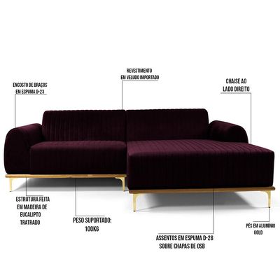 Sofá 3 Lugares com Chaise Direito Para Sala Molino 230 cm D02 Veludo Roxo Grape C-292 -Lyam Decor