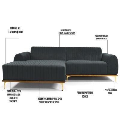 Sofá 4 Lugares com Chaise Esquerdo Para Sala Molino 255cm D02 Veludo Cinza C-317 - Lyam Decor