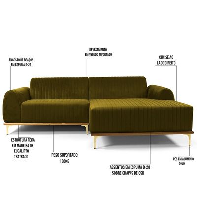 Sofá 5 Lugares com Chaise Direito Para Sala Molino 320 cm D02 Veludo Mostarda C-260 - Lyam Decor