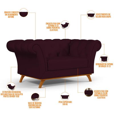 Sofá 2 Lugares Para Sala de Estar Império 150 cm D02 Veludo Roxo Grape C-292 - Lyam Decor