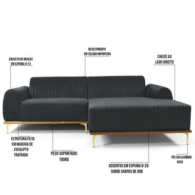 Sofá 5 Lugares com Chaise Direito Para Sala Molino 320 cm D02 Veludo Cinza C-317 - Lyam Decor