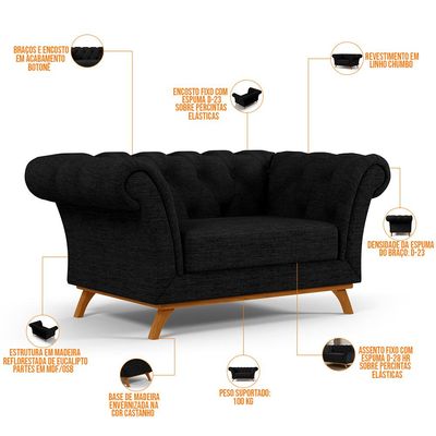 Sofá 2 Lugares Para Sala de Estar Império 150 cm D02 Linho Chumbo D-465 - Lyam Decor