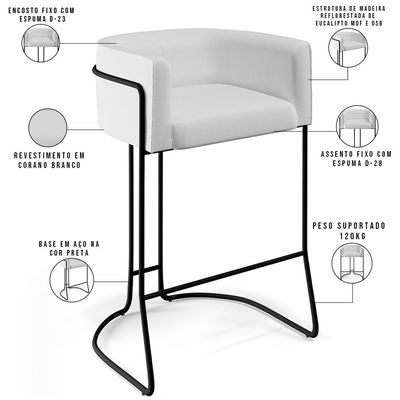 Banqueta Decorativa Fixa Base De Aço Preto Betina D02 Corano Branco C-12 - Lyam Decor