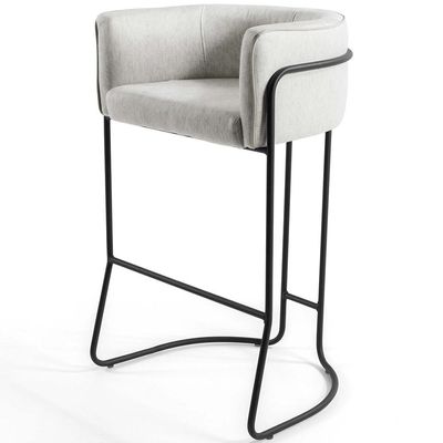 Banqueta Decorativa Fixa Base de Aço Preto Betina D02 Linho Creme A-48 - Lyam Decor