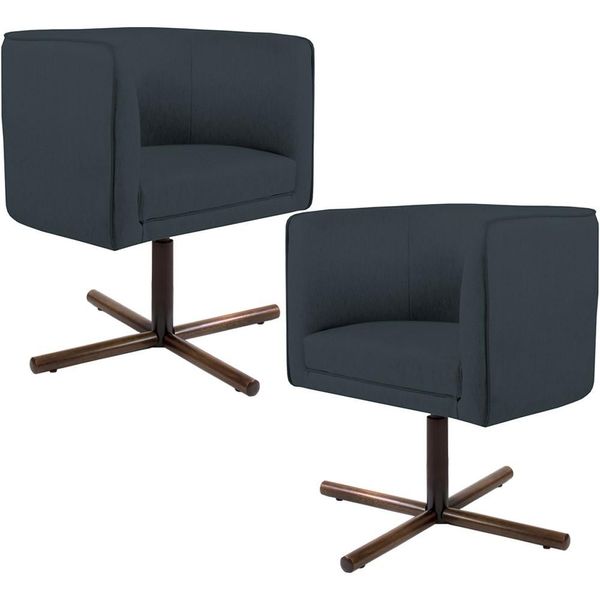 Kit 02 Poltronas Decorativas Giratória Base X Betina D02 Linho Chumbo D-465 - Lyam Decor