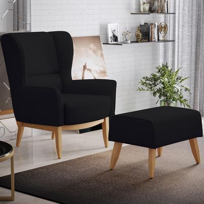 Kit Poltrona Decorativa Milena D02 com Puff Viseo Veludo Preto C-300 - Lyam Decor