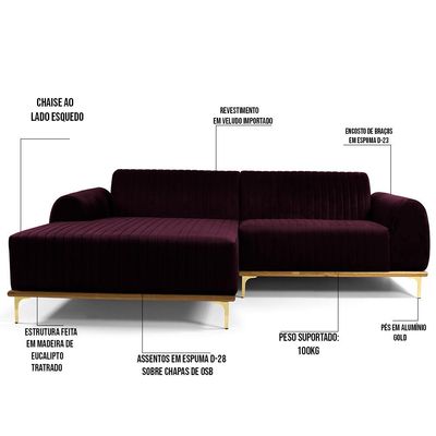 Sofá 4 Lugares com Chaise Esquerdo Para Sala Molino 255cm D02 Veludo Roxo Grape C-292 - Lyam Decor