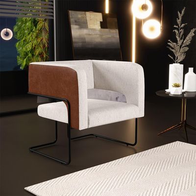 Poltrona Scarlett D02 Base Aço Preto Couríssimo Marrom B-38 Linho Cru C-443 - Lyam Decor