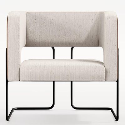 Poltrona Scarlett D02 Base Aço Preto Couríssimo Marrom B-38 Linho Cru C-443 - Lyam Decor