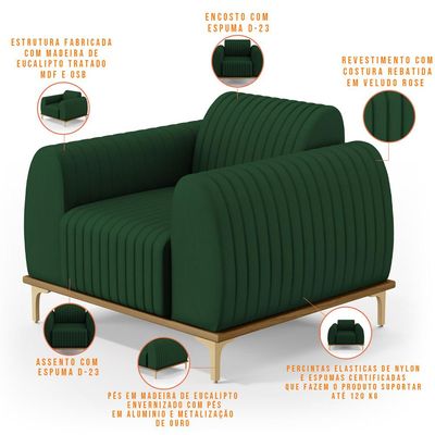 Poltrona Decorativa Base De Madeira Com Pés D'Ouro Molino D02 Veludo Verde Musgo C-303 - Lyam Decor