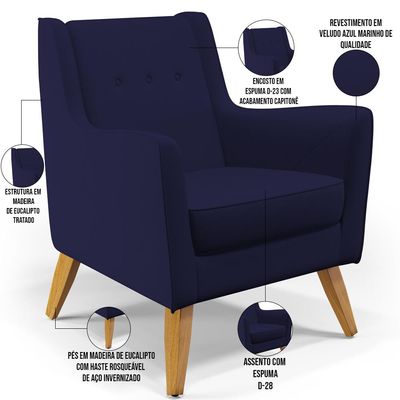 Poltrona Decorativa com Pés de Madeira Taroba D02 Veludo Azul Marinho C-304 - Lyam Decor