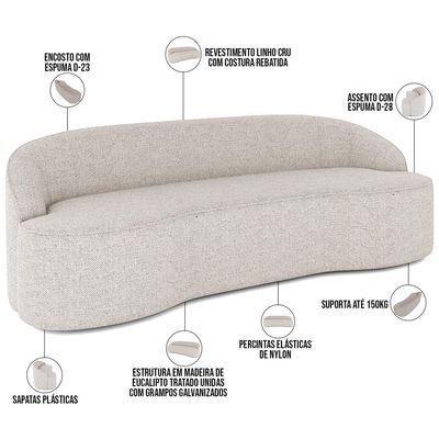 Sofá 3 Lugares Curvo Sala de Estar Living Lótus D02 Linho Cru 210 cm D-461 - Lyam Decor
