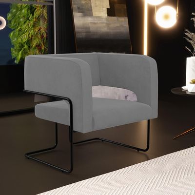 Kit 02 Poltronas Decorativas Scarlett D02 Base de Aço Preto Veludo Cinza C-317 - Lyam Decor