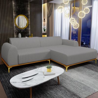 Sofá 5 Lugares com Chaise Direito Sala Estar Molino 300cm D02 Linho Cinza Escuro C-416 - Lyam Decor