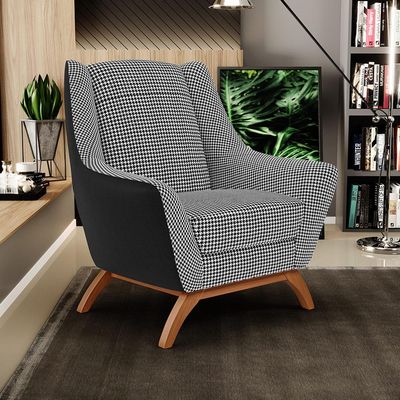 Poltrona Decorativa Base Em Madeira Juliet D02 Corano Preto C-05 Pied Poule - Lyam Decor