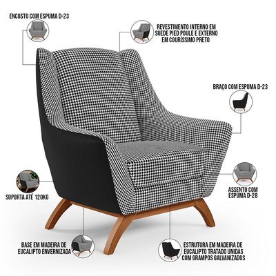 Poltrona Decorativa Base Em Madeira Juliet D02 Corano Preto C-05 Pied Poule - Lyam Decor