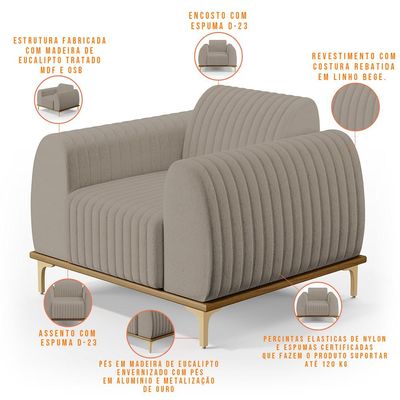 Poltrona Decorativa Base De Madeira Pés Metalizado D'Ouro Molino D02 Linho Bege C-107 - Lyam Decor