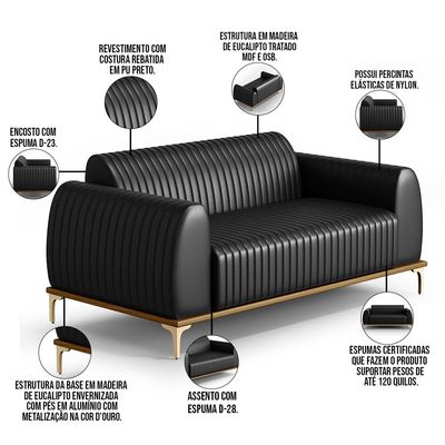 Kit Sofá 3 Lugares 210cm Com Poltrona Molino Pés D'ouro D02 Couríssimo Preto B-159 - Lyam Decor