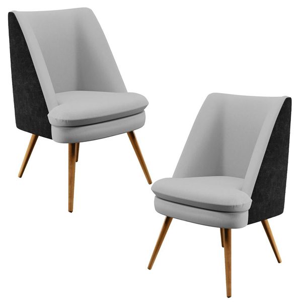 Kit 02 Poltronas Decorativas Pérsia  Pés Palito D02 Linho Cinza D-315 Corano Preto B-97 - Lyam Decor