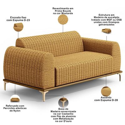 Kit Sofá 3 Lugares 210cm com 02 Poltronas Molino Base Castanho Pés D'ouro D02 Prime Bouclê Mostarda PB-03 - Lyam Decor