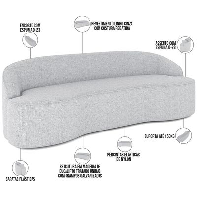Sofá 3 Lugares Curvo Sala de Estar Living Lótus D02 Linho Cinza 180 cm D-315 - Lyam Decor