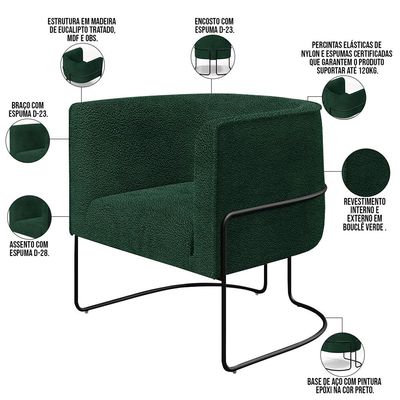 Poltrona Para Sala De Estar Decorativa Fixa Base Aço Preto Betina D02 Bouclê Verde - Lyam Decor